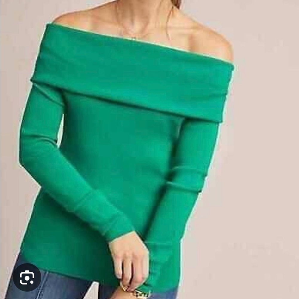 Ett:twa Anthropologie Vibrant Green Minimalist Off-Shoulder Sweater